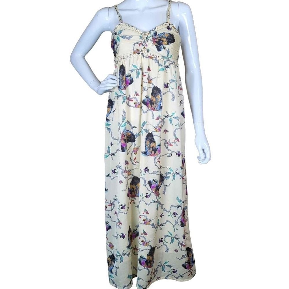 Pink Martini Bird Print Maxi Dress Cream Multicolor Braided Trim XS Garden Party